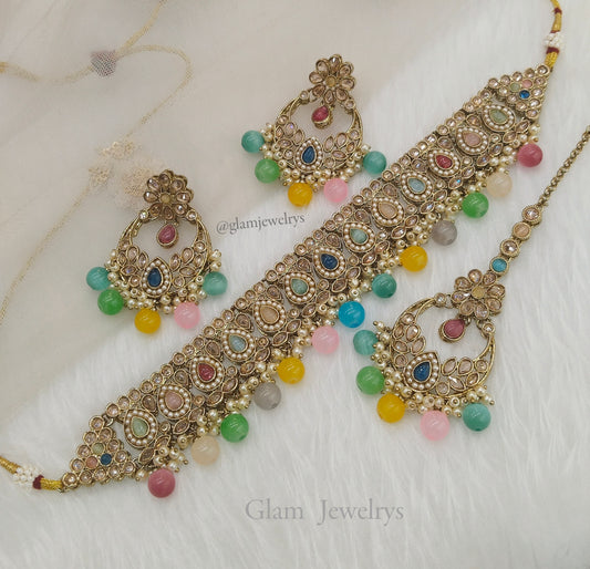 Jewelry Choker Set /Antique gold finish Jewellery set / Multicolor choker  set/waterloo jewelry set