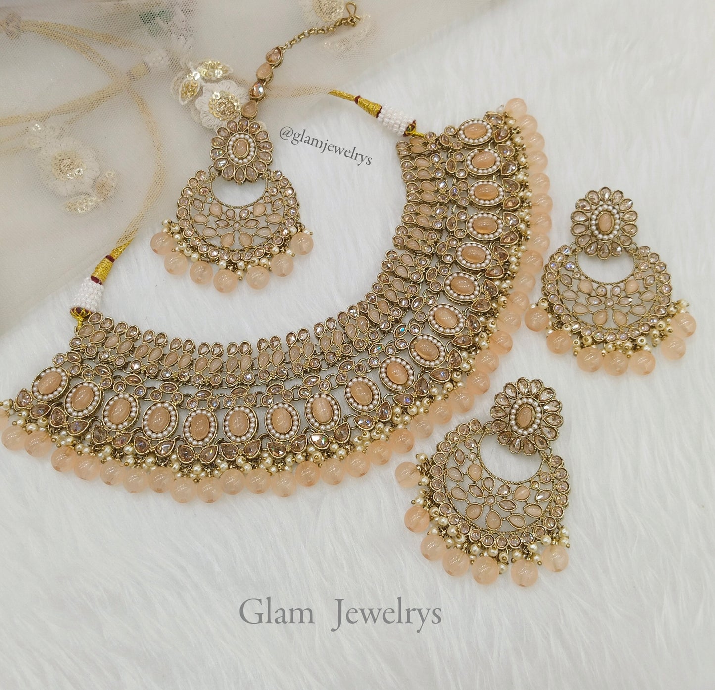 Antique Gold Peach Necklace  Jewellery Set/ dark gold Indian Bridal Wedding nisha Jewellery Online