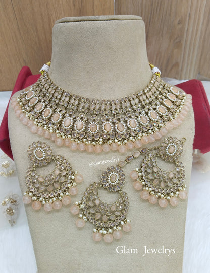 Antique Gold Peach Necklace  Jewellery Set/ dark gold Indian Bridal Wedding nisha Jewellery Online