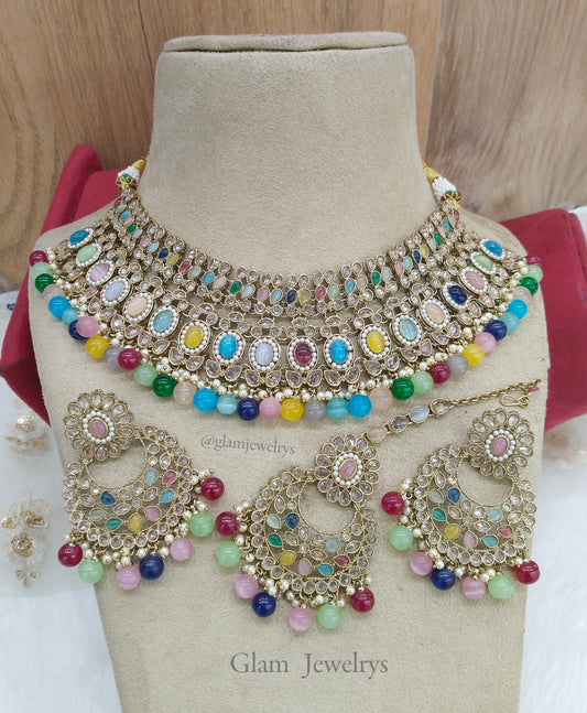 Antique Gold Multicolor Necklace Jewellery Set/ dark gold Indian Bridal Wedding nisha Jewellery Online