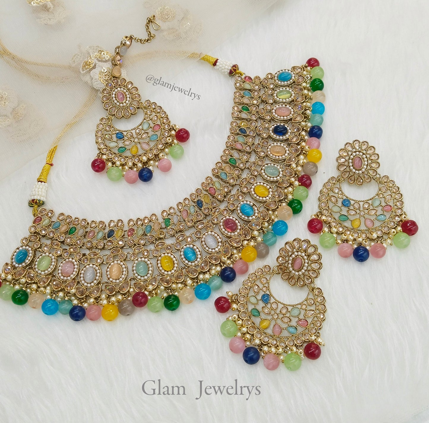 Antique Gold Multicolor Necklace Jewellery Set/ dark gold Indian Bridal Wedding nisha Jewellery Online