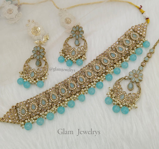 Jewelry Choker Set /Antique gold finish Jewellery set / sky blue choker  set/waterloo jewelry set