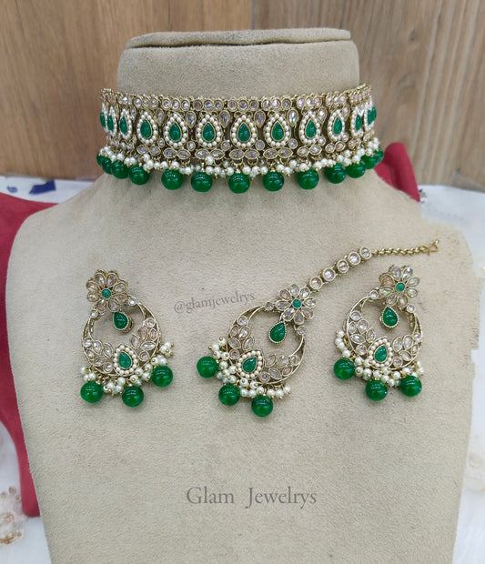 Jewelry Choker Set /Antique gold finish Jewellery set /Green  choker  set/waterloo jewelry set