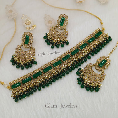 Jewelry Choker Set /Antique gold finish Jewellery set /Green  choker  set/ jewelry set