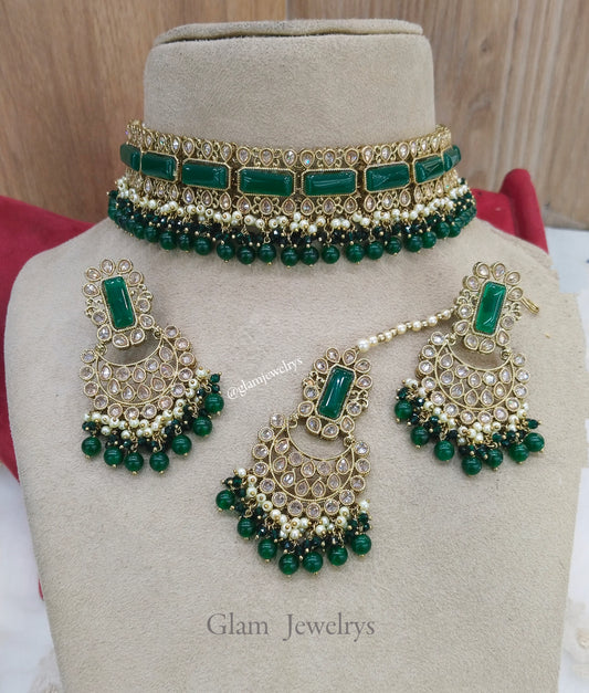 Jewelry Choker Set /Antique gold finish Jewellery set /Green  choker  set/ jewelry set