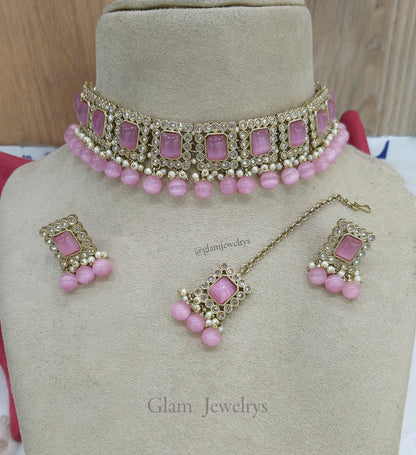 Dark gold pink choker Set/ Indian soha Jewellry