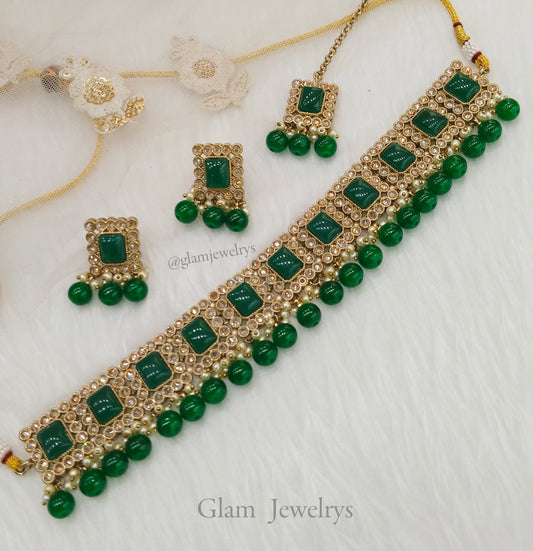 Antique  Gold Green  Choker Set/ Indian soha Jewellery