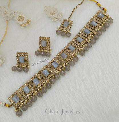 Antique Gold Grey choker Set/ Indian soha Jewellery