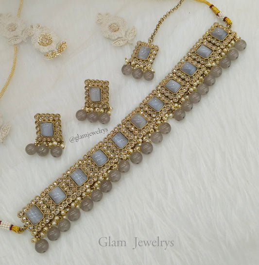 Antique Gold Grey choker Set/ Indian soha Jewellery