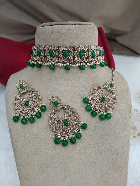 Indian jewellery choker set/Dark gold green choker set/Wellington jewellery