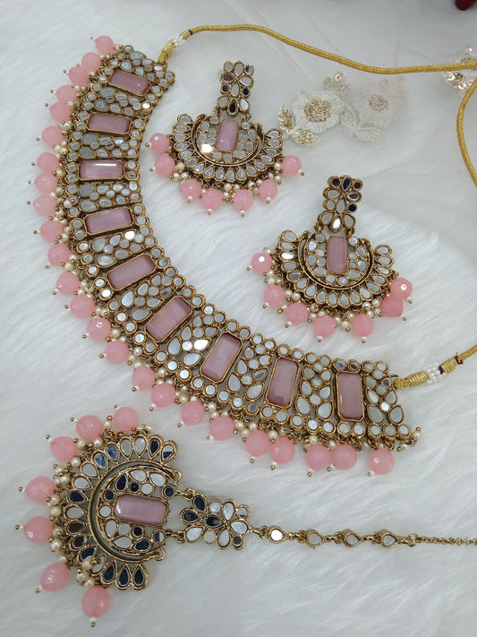 Indian  Jewellery pink mirror Kundan necklace set