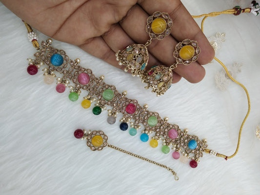 Indian Jewellery Multicolor Choker Set/Bendigo Bollywood Jewellery set