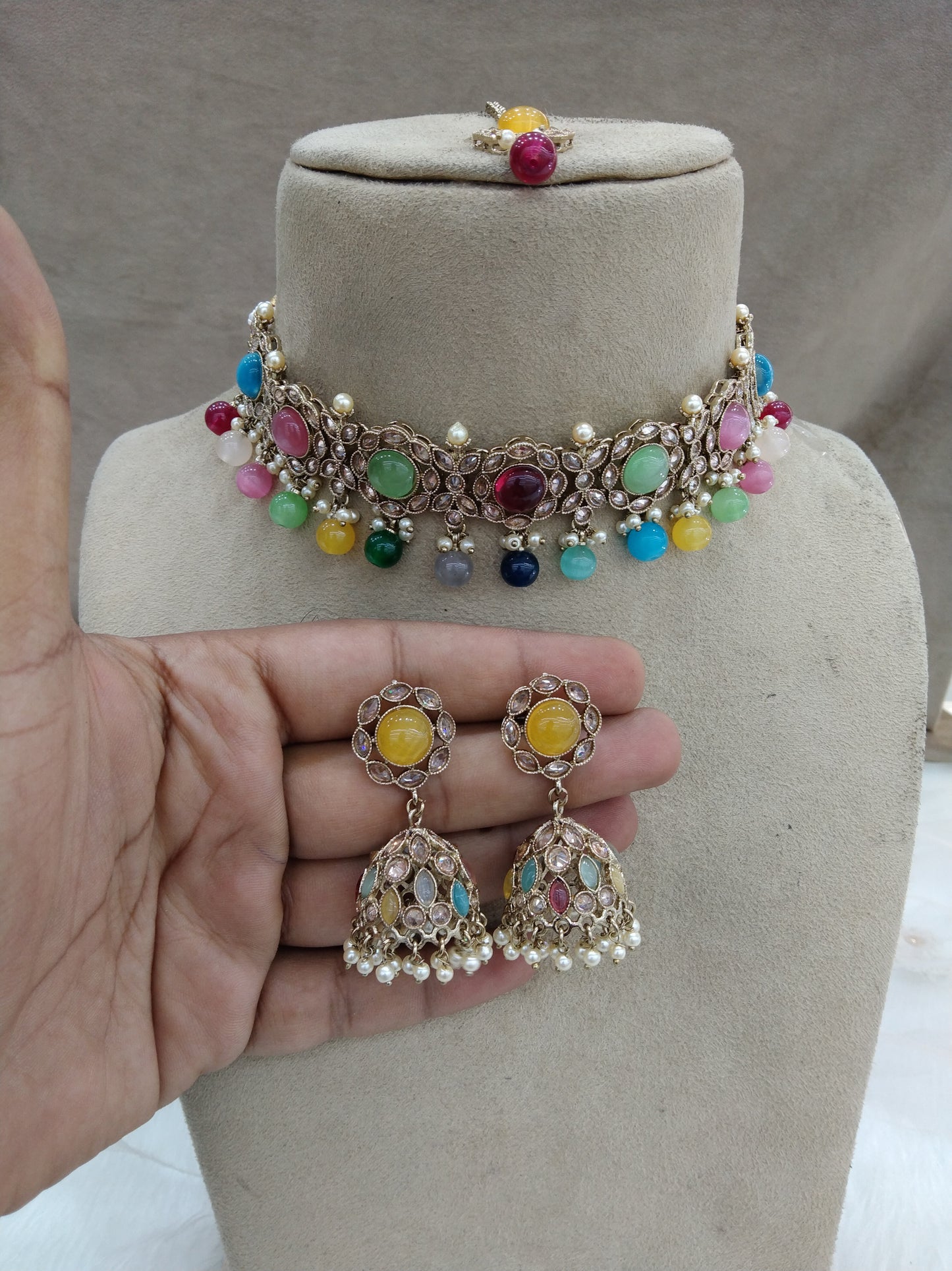 Indian Jewellery Multicolor Choker Set/Bendigo Bollywood Jewellery set