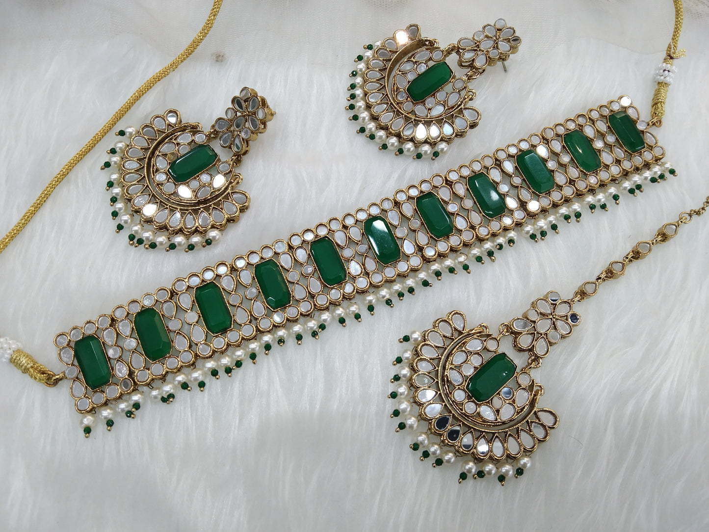 Indian Jewellery Mirror Kundan green choker Bridal Gold Finish choker Set