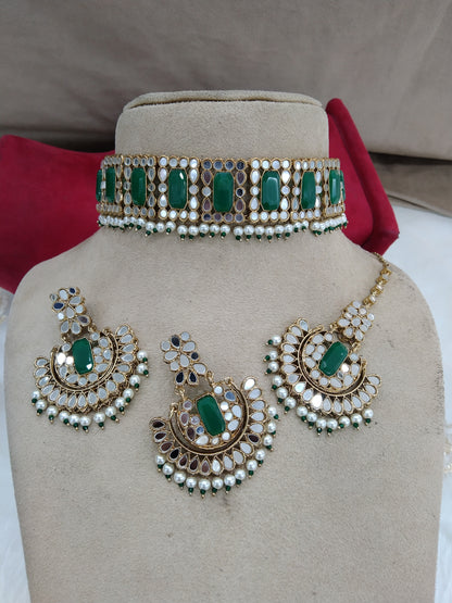 Indian Jewellery Mirror Kundan green choker Bridal Gold Finish choker Set