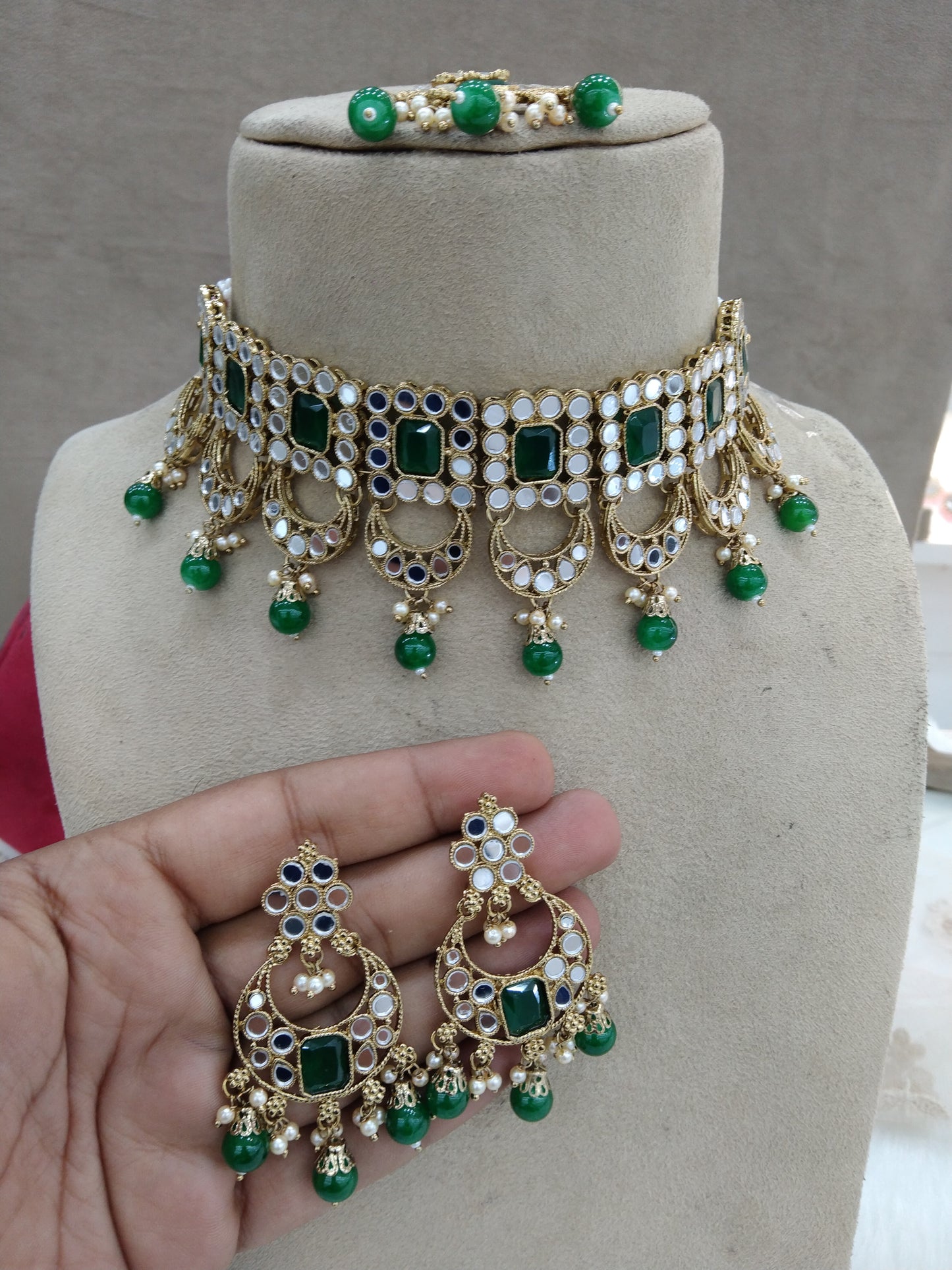 Indian Jewellery Mirror Kundan Green Choker Bridal Gold Finish choker Set