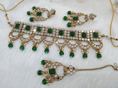 Indian Jewellery Mirror Kundan Green Choker Bridal Gold Finish choker Set