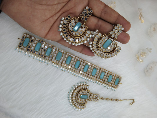 Indian  Jewellery mirror Kundan sky blue choker Bridal Gold Finish choker Set