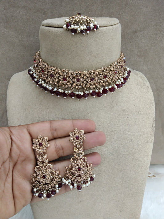 Choker Set dark Gold maroon choker Set/ Bollywood Jewellery/Indian choker tesli necklace