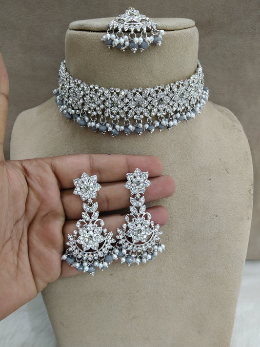 Choker Set Silver Grey Choker Set/ Bollywood Jewellery/Indian choker tesli necklace