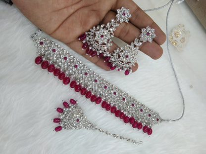 Choker Set Silver Dark Pink Choker Set/ Bollywood Jewellery/Indian choker tesli necklace