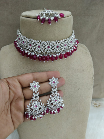 Choker Set Silver Dark Pink Choker Set/ Bollywood Jewellery/Indian choker tesli necklace