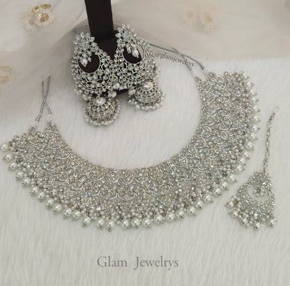 Silver necklace Set/ Silver Indian Bridal astin Jewellery