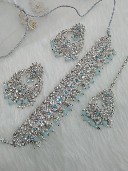 Choker Set / Silver sky blue Bollywood choker vinland Jewellery