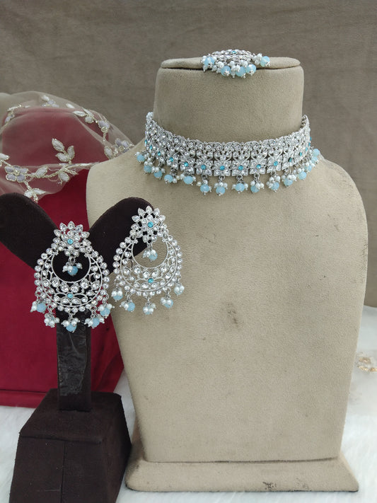 Choker Set / Silver sky blue Bollywood choker vinland Jewellery