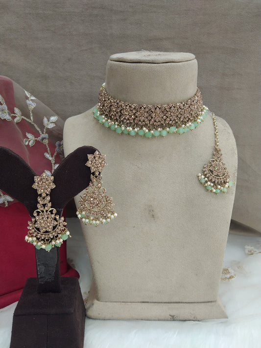 Choker Set / dark gold pista green choker Bollywood Jewellery/Indian choker tesli set