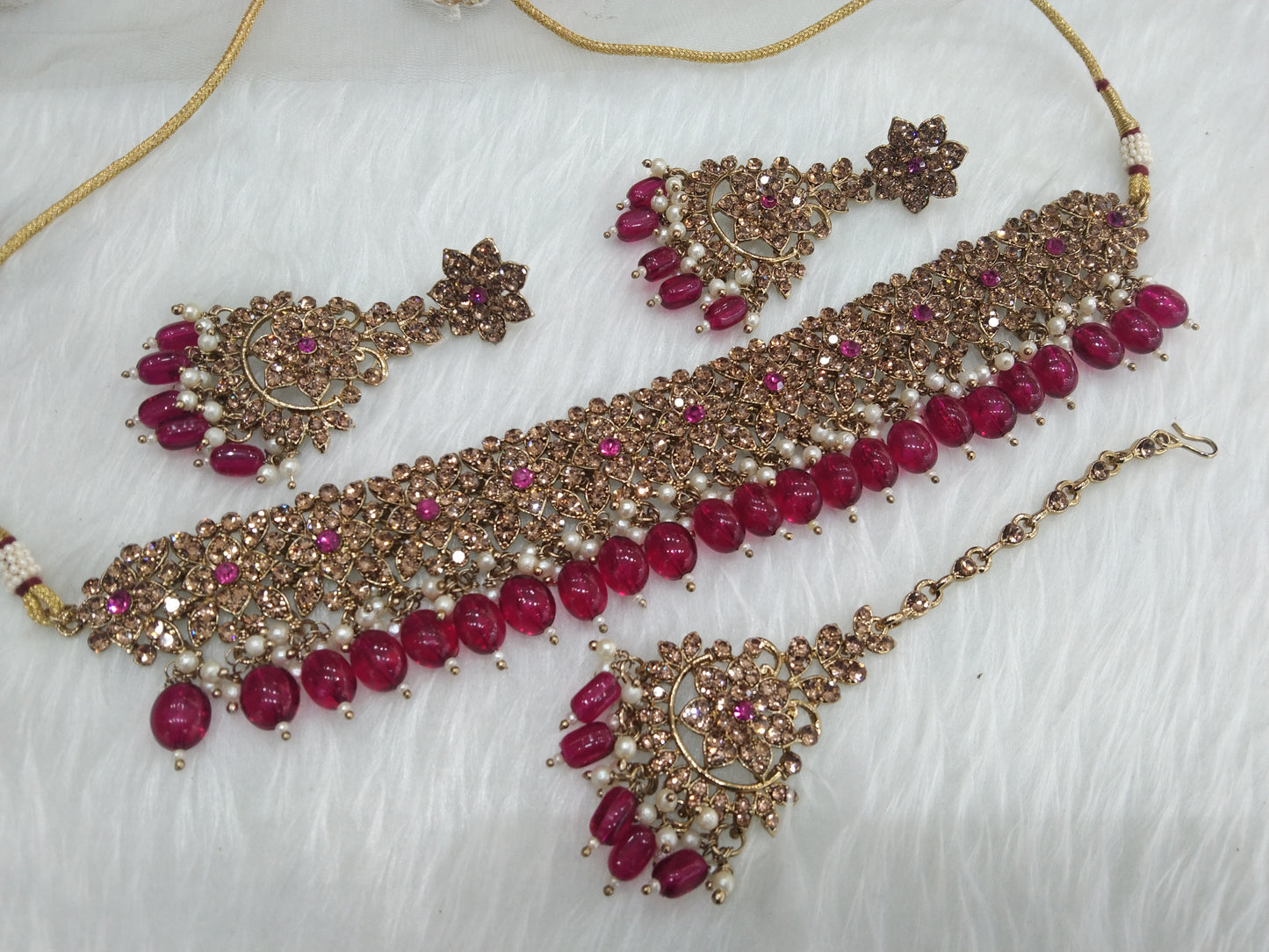 Choker Set / dark gold dark pink choker Bollywood Jewellery/Indian choker tesli set