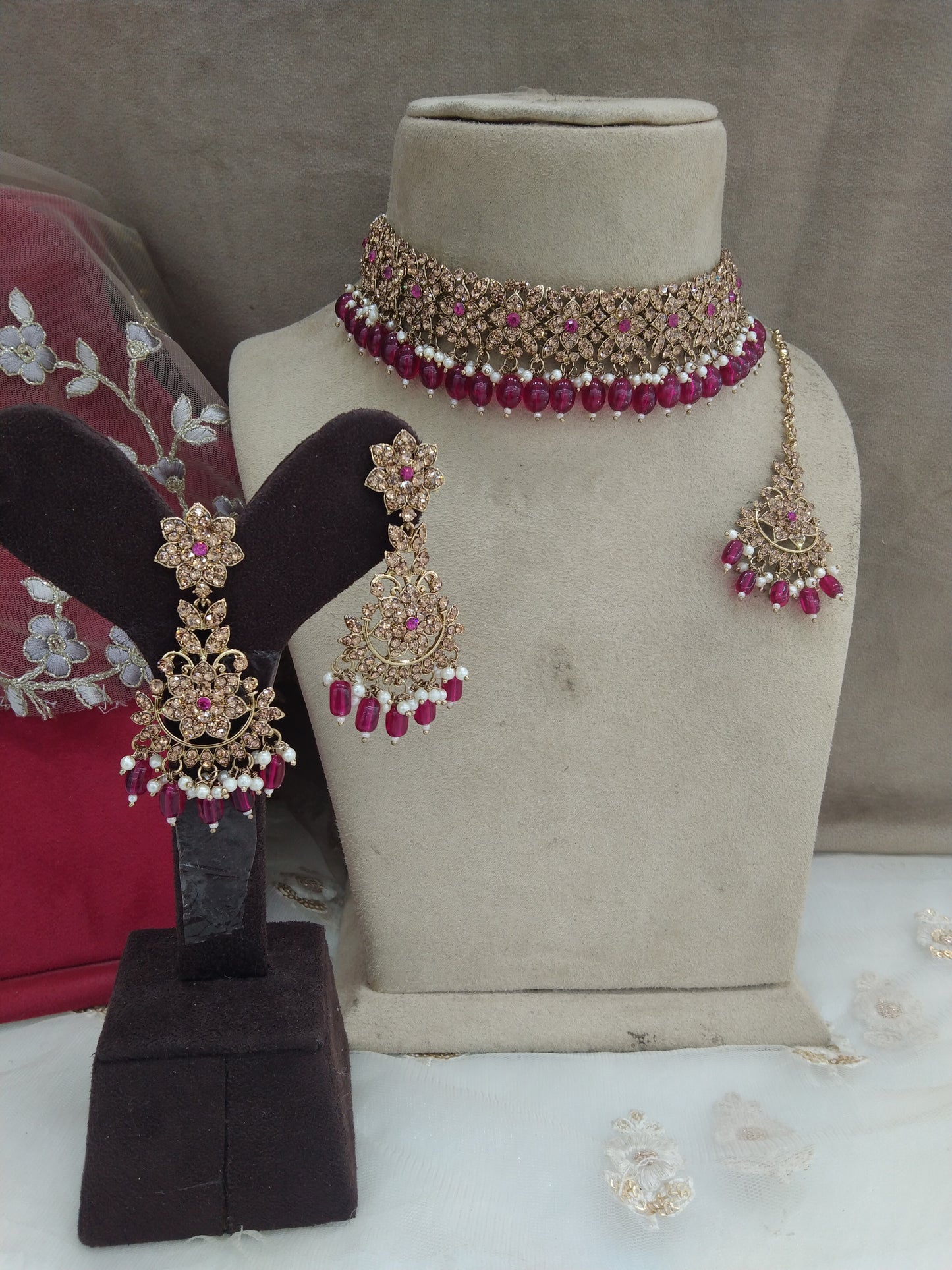 Choker Set / dark gold dark pink choker Bollywood Jewellery/Indian choker tesli set