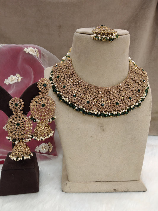 Indian  Jewellery/ Semi bridal dark green bride jewellery necklace Set/necklace darwin ventura Set