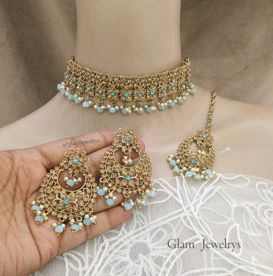 Antique Gold  Choker Necklace Jewellery Set / dark gold sky blue bollywood choker vinland Jewellery