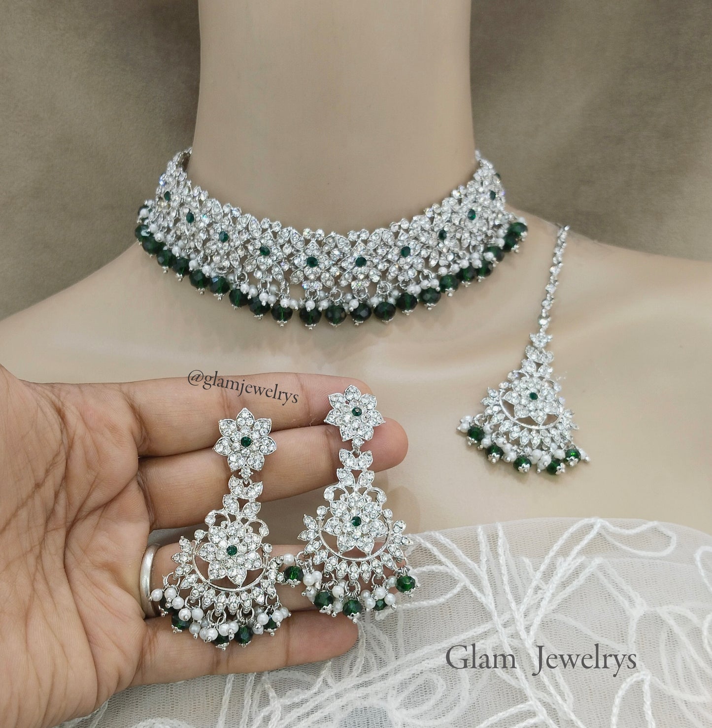 Choker Set / Silver green choker bollywood Jewellery/Indian choker tesli set