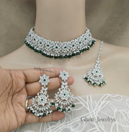 Choker Set / Silver green choker bollywood Jewellery/Indian choker tesli set