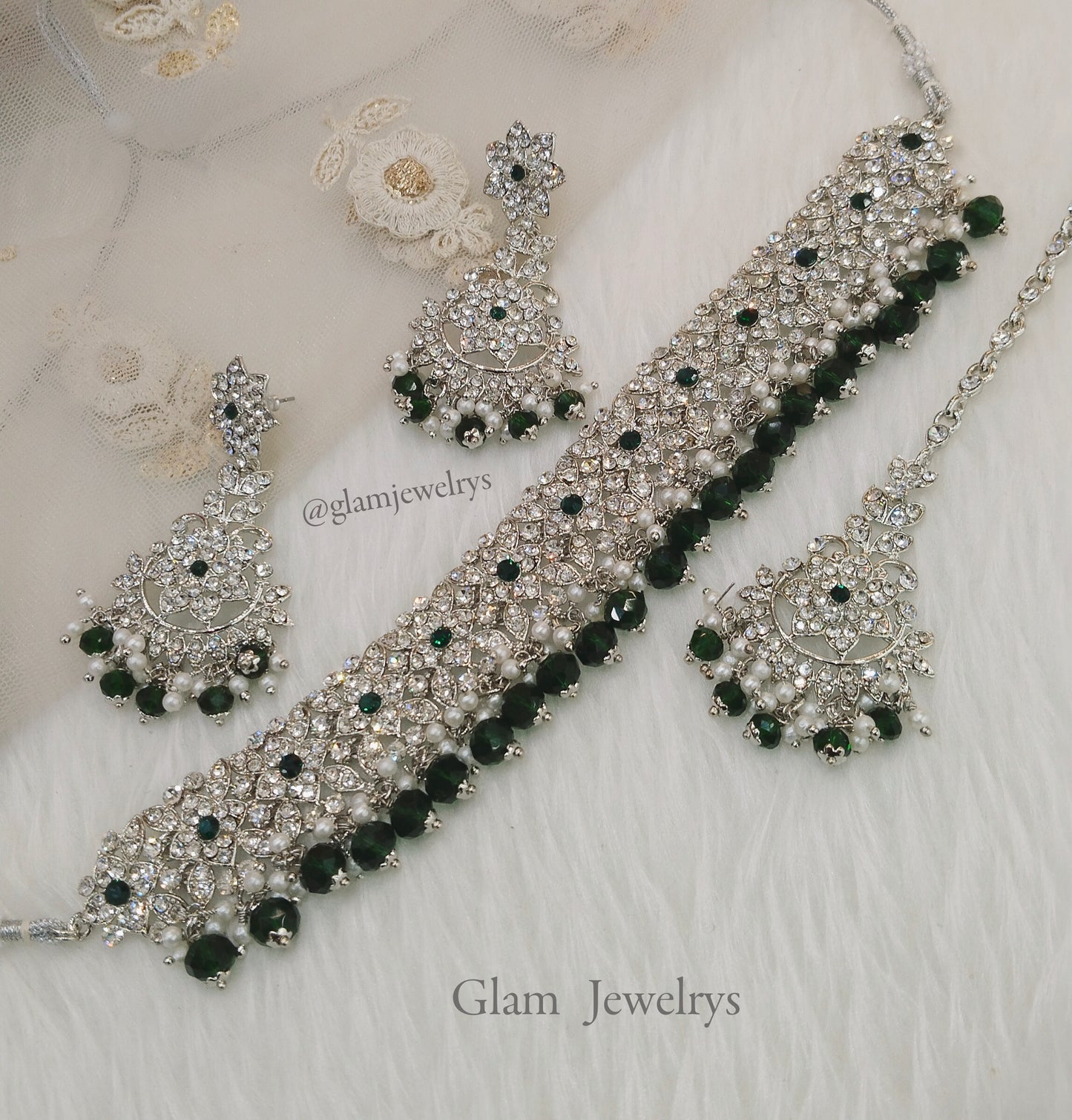 Choker Set / Silver green choker bollywood Jewellery/Indian choker tesli set