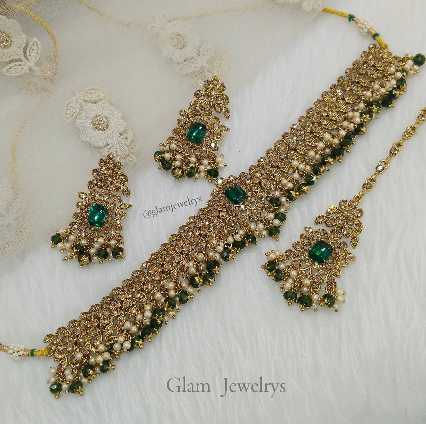 Green Indian Jewelry Jewellery/Dark gold choker Set/Dark gold green Indian Jewellery adelaide Set