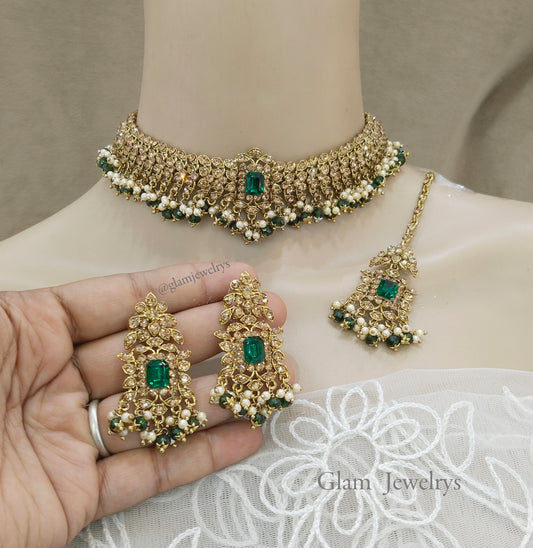 Green Indian Jewelry Jewellery/Dark gold choker Set/Dark gold green Indian Jewellery adelaide Set