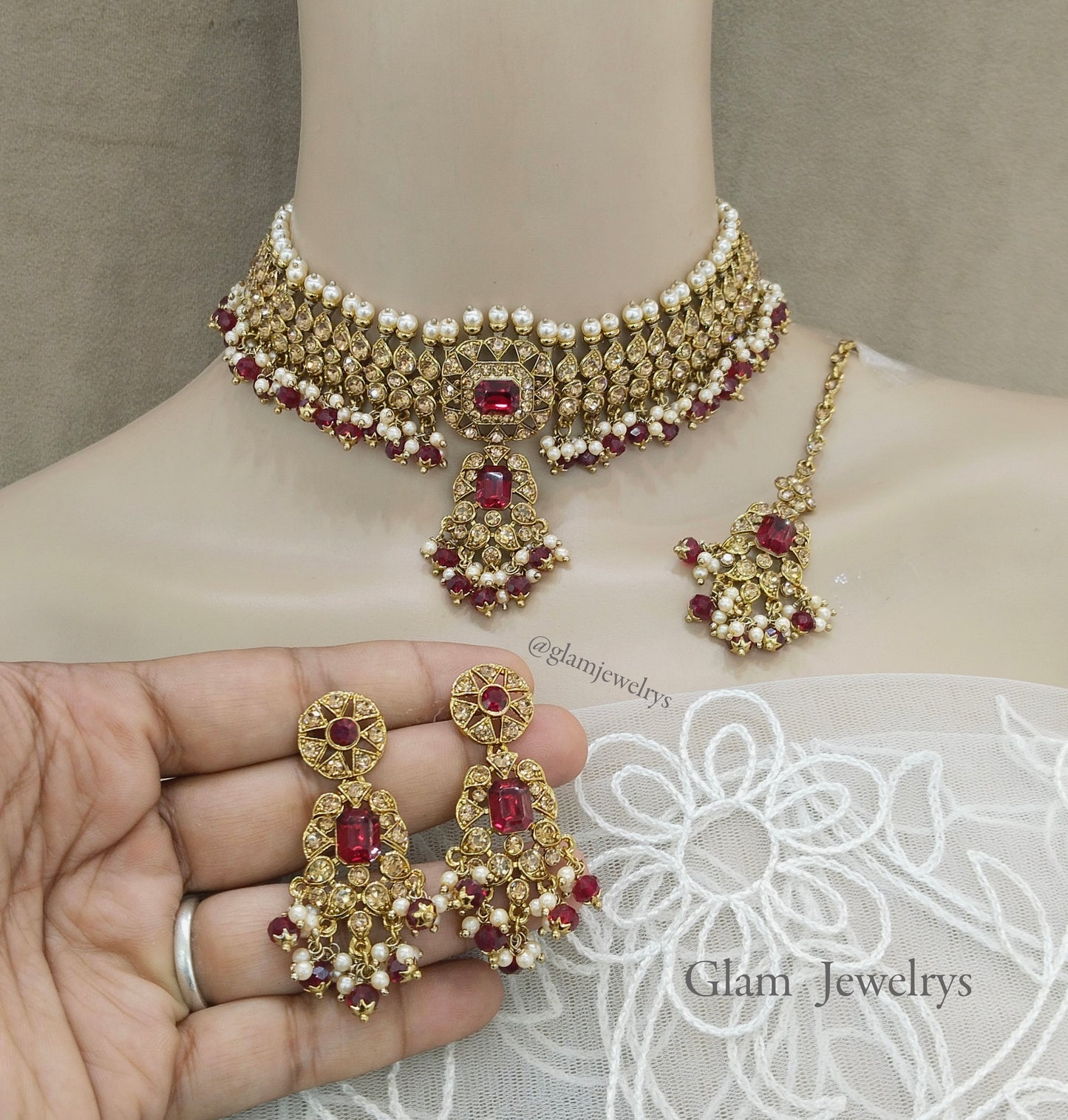 Indian Jewelry Jewellery/Dark gold choker Set/Dark gold Maroon Indian Jewellery adelaide Set