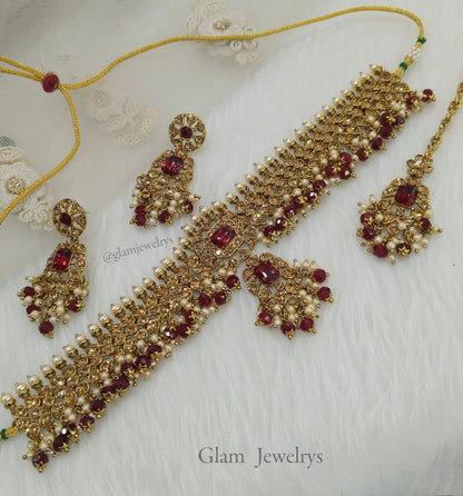 Indian Jewelry Jewellery/Dark gold choker Set/Dark gold Maroon Indian Jewellery adelaide Set