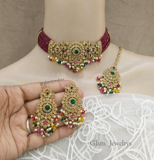 Indian Jewellery/Dark gold multicolor choker necklace Set /Choker necklace style gold necklace set wedding Imly Jewellery Set