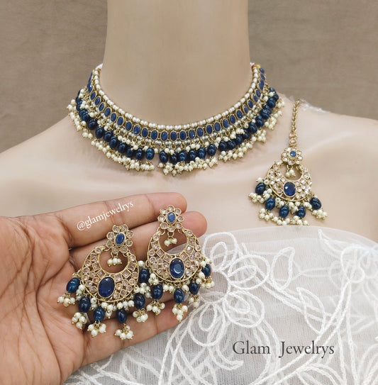 Antique Gold Choker Necklace Jewellery set/ dark gold blue choker Necklace Indian sira jewellery Online