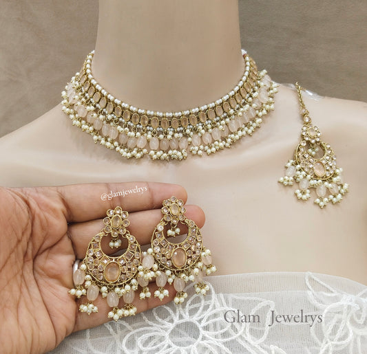 Antique Gold Choker Necklace Jewellery Set/ dark gold peach choker necklace Indian sira jewellery Online