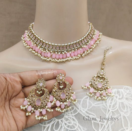 Antique Gold  Choker Necklace Jewellery Set/ dark gold pink choker necklace Indian sira jewellery Online