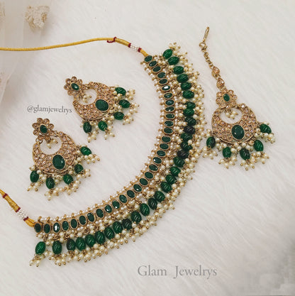 Antique Gold Choker Necklace set/ dark gold green choker necklace Indian sira jewellery