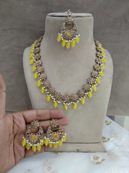 Dark Gold Yellow Long Necklace Set/ dark gold Indian Bridal shina Jewellery