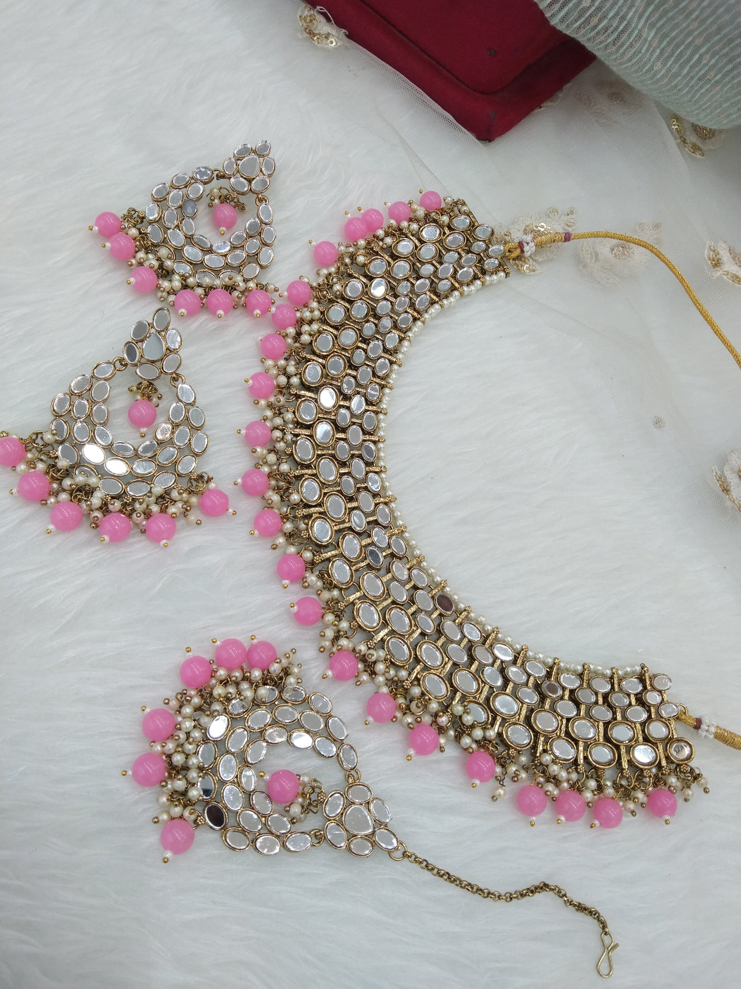 Indian  Jewellery Gold mirror Kundan pink Necklace Set/ Bridal Bollywood Wedding Jewellery denish Set