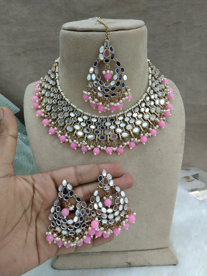 Indian  Jewellery Gold mirror Kundan pink Necklace Set/ Bridal Bollywood Wedding Jewellery denish Set