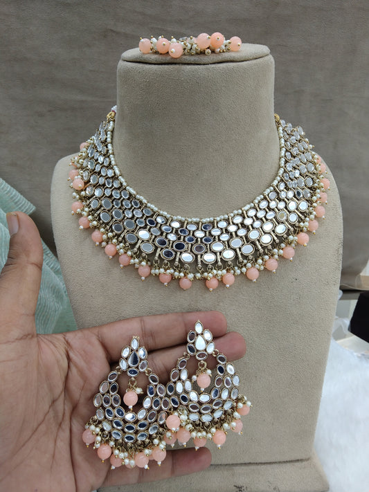 Indian  Jewellery Gold mirror Kundan peach Necklace Set/ Bridal Wedding Jewellery denish Set